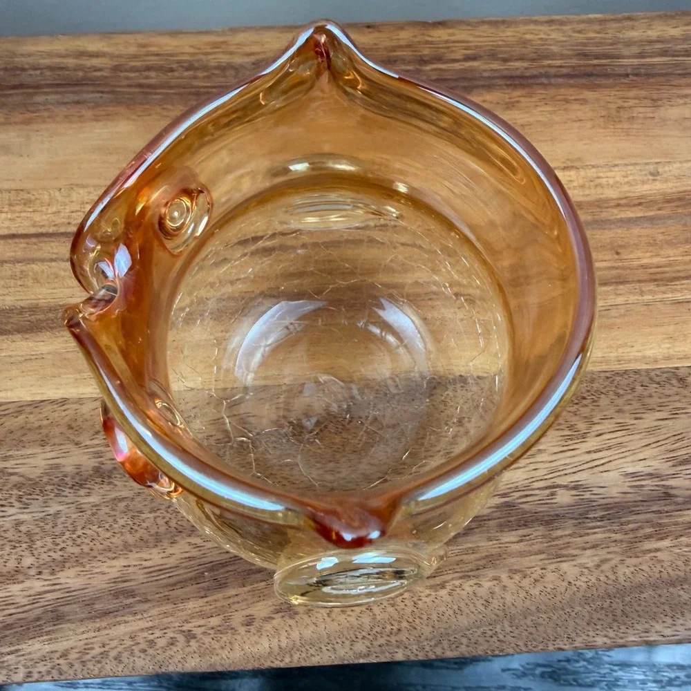 Vintage‎ Amber Crackle Glass Owl Votive Holder Yellow Iridescent Bird 4 inch